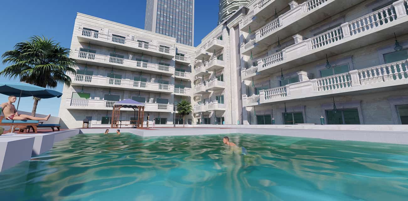 Swimming pool of mayas lausanne apartment for sale in JVC, dubai
